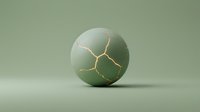 Cracked sage green sphere with golden fracture lines on neutral background, isolated for design, packaging, and creative projects.