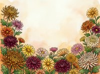 Autumn chrysanthemum flowers frame border with warm beige background. Colorful mums in yellow, purple, orange creating decorative floral arrangement.