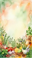 Watercolor culinary herbs and fresh ingredients border with mortar and pestle, tomatoes, garlic, citrus, spices and leafy plants on cream background. Cooking and recipe design template.