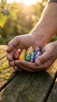 Adult male hands holding colorful nesting dolls outdoors during golden hour sunlight. Matryoshka wooden toys in rainbow colors displayed in palm. Suitable for family, diversity, and cultural themes.