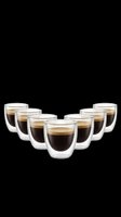 Set of seven double-wall glass cups filled with espresso and crema, isolated on transparent background. Ready for clipart, print-on-demand, sublimation, t-shirt design, and product mockups.