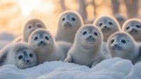 Group of adorable baby harp seals with white fur lying together in snow during sunset, looking at camera with curious expressions. Arctic wildlife scene.