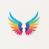 Colorful rainbow wings spread symmetrically on white background, featuring gradient spectrum from blue to red. Isolated design element for creative projects.