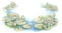 Elegant water lily frame with blooming lotus flowers and lily pads on a calm pond, soft watercolor style with gold accents.