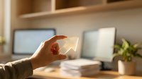 Hand holding glowing lightbulb with upward arrow symbolizing innovation, growth and bright ideas in modern office workspace for business success concepts.