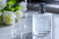 Clear soap dispenser with silver pump on marble surface, water drops and white flowers create luxurious spa atmosphere. Elegant bathroom accessories.