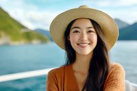 Young Asian woman in straw hat and orange sweater smiling outdoors against mountain lake background on sunny summer day, natural beauty and travel lifestyle.