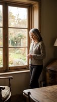 Senior woman with gray hair, Caucasian ethnicity, wearing a beige cardigan and dark pants, standing by an open wooden window frame gazing outdoors at autumn foliage. Warm natural light floods the bedroom interior.