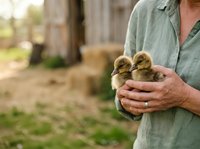 Middle-aged Caucasian male farmer holding newborn ducklings in his hands on rural farm property. Suitable for agriculture, farming, poultry, and animal husbandry content.