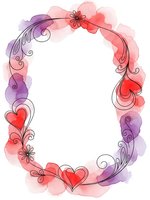 Watercolor floral frame with hearts and decorative swirls in pink and purple tones, oval border design for romantic greeting cards and invitations.