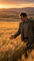 Middle-aged Caucasian businessman in suit touching wheat field at golden hour sunset with mountains in background for agriculture and business concepts.