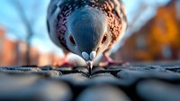 Close-up macro shot of pigeon head drinking water from puddle on roof tiles, showing detailed feathers and beak in soft blue tones with blurred background.