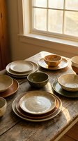 Handmade ceramic dinnerware set with earthy glazes displayed on rustic wooden table in warm natural sunlight from window for kitchen dining decor.