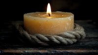 Glowing cream-colored candle surrounded by coiled nautical rope on dark wooden surface creates atmospheric mood lighting for spa, meditation, or home decor.