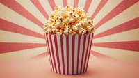Fresh popcorn in classic red and white striped container against retro sunburst background, perfect for movie night promotions or entertainment concepts.