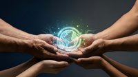Two pairs of hands cradling glowing digital globe with interconnected network lines, symbolizing global collaboration, teamwork, and sustainable business connectivity for corporate partnerships.