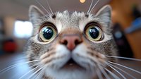 Close up portrait of curious cat with big green eyes and pink nose looking up at camera, funny facial expression showing surprise and interest. Pet photography.