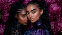 Young multiethnic women with glamorous makeup and dark curly hair pose against vibrant magenta peony flowers background in dramatic fashion portrait.