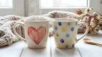 Two ceramic mugs sit on a white wooden surface, one featuring a red watercolor heart and the other with colorful polka dots, styled with cozy blankets and dried flowers for home decor and lifestyle content.