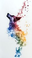 Howling wolf silhouette formed by colorful smoke effect with blue, purple, red, and yellow gradient watercolor splashes on white background for creative design.