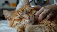 Ginger cat sleeping peacefully while being petted, showing contentment with closed eyes and relaxed expression on white bedding, soft natural lighting.