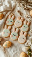 Decorated Easter bunny sugar cookies with pastel icing and delicate details arranged with painted eggs and spring blossoms on soft white fabric background.