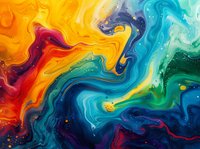 Vibrant fluid art with swirling patterns of yellow, red, blue, green, and turquoise creating a dynamic abstract composition reminiscent of cosmic nebulae.