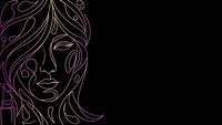 Abstract line art portrait of woman with flowing hair in neon purple gradient on black background for modern design projects.
