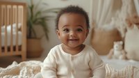 Adorable African American baby in cream knit cardigan smiling joyfully while sitting on cozy bed, natural nursery setting with crib and soft toys in background.