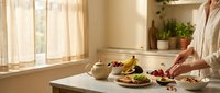 Woman preparing healthy breakfast in bright modern kitchen with natural sunlight streaming through window creating warm atmosphere.
