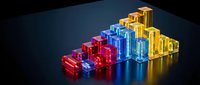 Young professional male, Caucasian ethnicity, wearing business attire, analyzing colorful neon glowing building blocks arranged in ascending bar chart formation on reflective dark surface for financial growth concept.