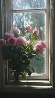 Pink roses in crystal vase on windowsill with soft natural daylight streaming through window panes, creating romantic morning atmosphere with bokeh effect.