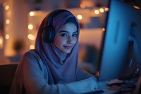 Young Middle Eastern woman in hijab working at computer with headphones at night, illuminated by blue monitor light and warm bokeh background.