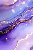 Luxurious purple and gold marble waves with glitter effect create elegant abstract background. Flowing lines with sparkles form dreamy artistic pattern.