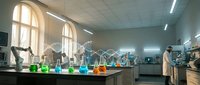 Modern chemistry laboratory with scientists conducting research experiments using colorful chemical solutions in glass beakers and flasks.