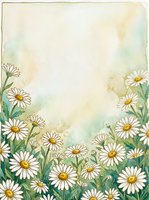 Watercolor daisy border frame with white chamomile flowers and green leaves on soft pastel background with copy space for text.