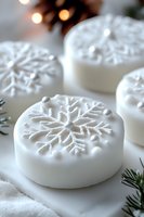 White chocolate covered Oreo cookies decorated with snowflake pattern. Winter holiday treats on light background with pine branches and bokeh lights.