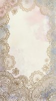 Ornate lace border frame with intricate floral and geometric patterns in gold and beige tones on soft pink background, isolated design element for invitations and greeting cards.