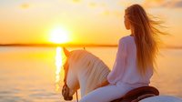 Young woman with long flowing hair riding white horse along beach at golden sunset, silhouetted against orange sky and reflecting water, creating romantic atmosphere.