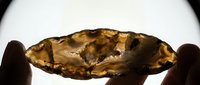 Hands holding translucent amber-colored gemstone or crystal against bright light showing natural patterns and textures for jewelry design projects.