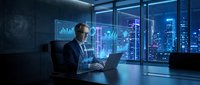 Businessman analyzing financial data on holographic displays in modern office with city skyline at night. Corporate technology and data visualization concept.
