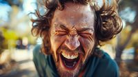 Young bearded Caucasian man with curly hair laughing out loud outdoors, showing genuine joy and happiness in natural sunlight. Candid emotional portrait.