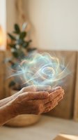 Elderly hands holding glowing holographic brain with energy waves, representing mental health, cognitive wellness, memory care, and neurological concepts.