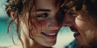 Young couple sharing intimate moment with wet hair and natural smiles in bright sunlight creating romantic summer atmosphere for lifestyle content.