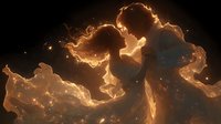Silhouettes of romantic couple embraced in glowing golden light against dark background, creating ethereal, dreamlike atmosphere.