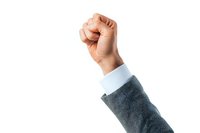 Raised fist of Asian businessman in formal suit sleeve showing power, determination and success gesture on white background, isolated studio shot.