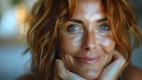 Close up portrait of smiling redhead woman with freckles and bright blue eyes resting chin on hands, looking at camera with natural warm expression.