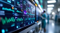 Digital medical monitor displaying vital signs and patient data in hospital intensive care unit with blurred background showing medical staff at work.