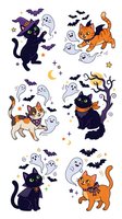 Cartoon cats and ghosts surrounded by bats, moons and stars on white background. Isolated clipart elements for Halloween designs, t-shirts, stickers and seasonal decorations.