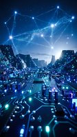 Digital cityscape with glowing network nodes and interconnected lines representing global data flow, IoT connectivity, and smart city technology infrastructure for business and tech concepts.